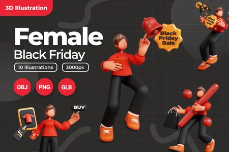 3D立体插画素材节日黑色星期五女性角色模型